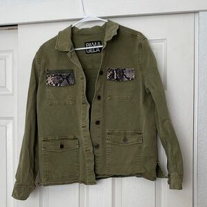 Pam & Gela Olive Green Jacket with Snake Print Accents